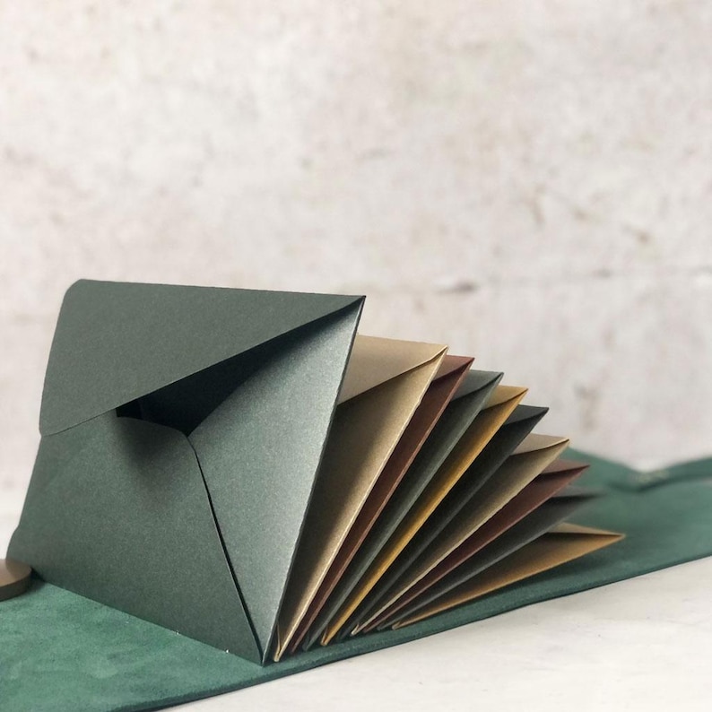 May include: An open, dark green envelope with a flap, revealing a fan of various colored paper inserts. The envelopes and inserts are arranged on a green surface, with a neutral background.