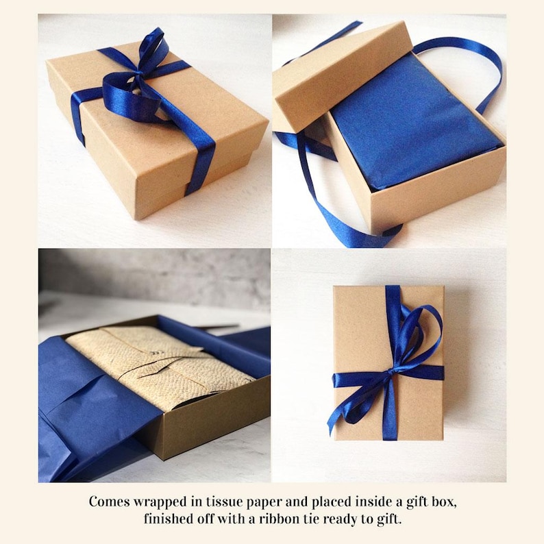 May include: A collection of images showcasing a gift box. The box is a natural brown color and tied with a vibrant blue ribbon. Inside, the gift is wrapped in blue tissue paper. The text in the image says, "Comes wrapped in tissue paper and placed inside a gift box, finished off with a ribbon tie ready to gift."