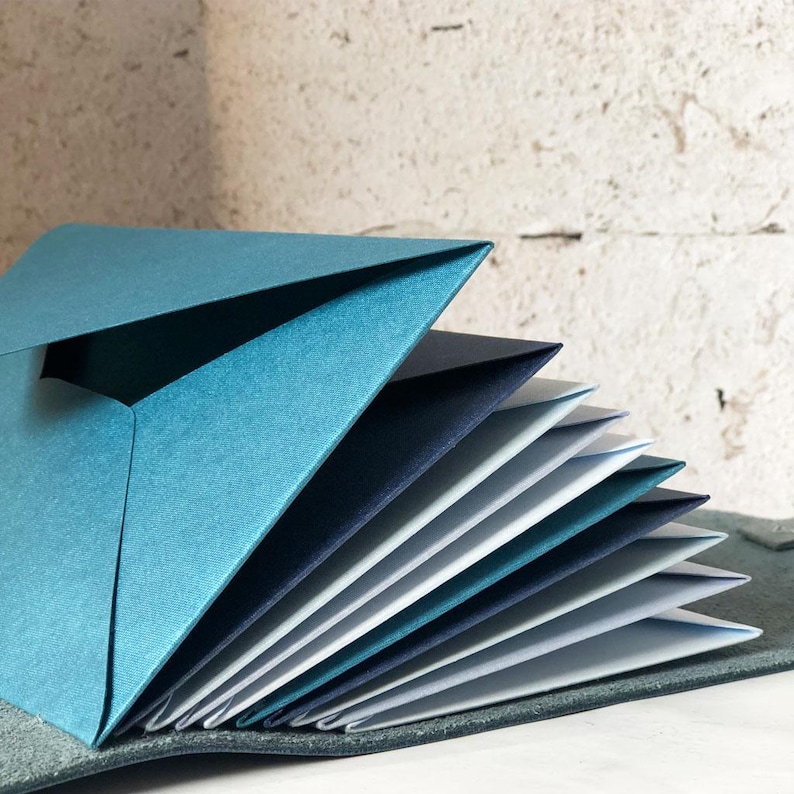 May include: A handmade, multi-layered photo album with a teal cover and pages in shades of blue and white. The album is open, displaying the fanned-out pages, and rests on a gray surface. The album's design is geometric and modern.