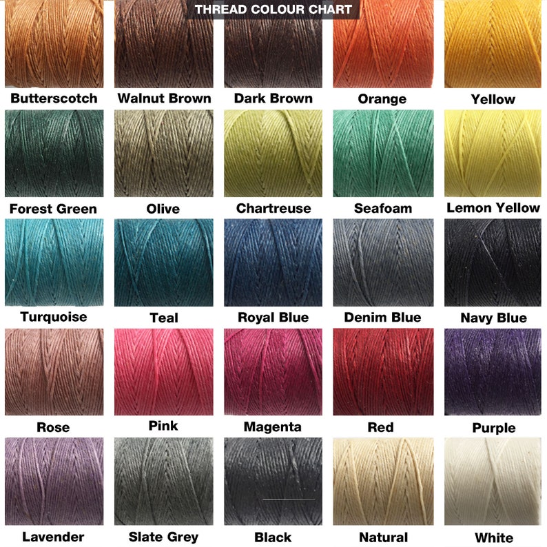 May include: A color chart of thread spools, showing a variety of colors, including butterscotch, walnut brown, dark brown, orange, yellow, forest green, olive, chartreuse, seafoam, lemon yellow, turquoise, teal, royal blue, denim blue, navy blue, rose, pink, magenta, red, purple, lavender, slate grey, black, natural, and white.