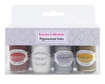 Herbin Set of 4 Pigment Inks, White, Metallic Copper, Gold, Silver, For Modern Calligraphy & Brush Lettering, 15ml Ink Bottle