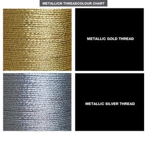 May include: A metallic thread color chart. The top left shows a close-up of gold thread, and the top right shows the text "METALLIC GOLD THREAD" on a black background. The bottom left shows silver thread, and the bottom right shows the text "METALLIC SILVER THREAD".