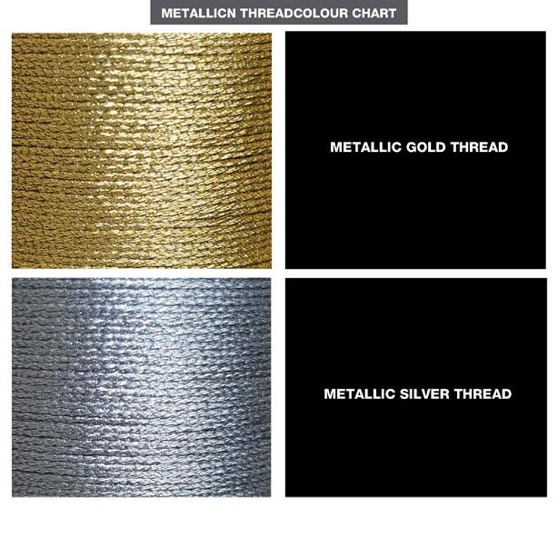 May include: A metallic thread color chart. The top left shows a close-up of gold thread, and the top right shows the text "METALLIC GOLD THREAD" on a black background. The bottom left shows silver thread, and the bottom right shows the text "METALLIC SILVER THREAD".