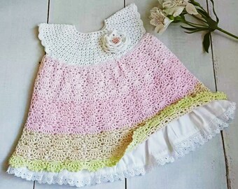 Crochet Baby Dress, Lace Dress 12-24m, White Pink First Birthday Dress, Festive Baby Dress with Lining, Boutique baby dress, Baby girl gift