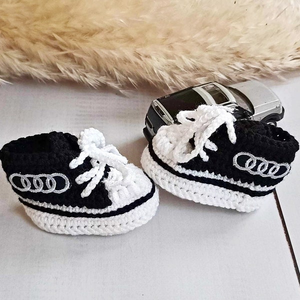 Baby sneakers, car logo sneakers, personalized baby shoes, newborn girl sneakers, knitted baby clothes