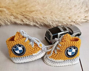 Baby crochet sneakers, bmw car logo sneakers, personalized baby shoes, newborn girl sneakers, knitted baby clothes