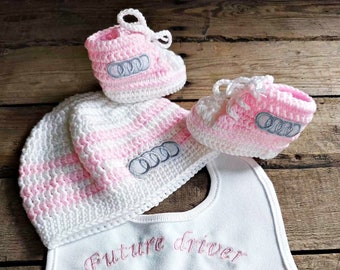 Baby gift set, Crochet sneakers car logo, Custom embroidery for bib, Crochet baby booties, Baby hat