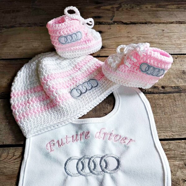 Baby gift set, Crochet sneakers car logo, Custom embroidery for bib, Crochet baby booties, Baby hat