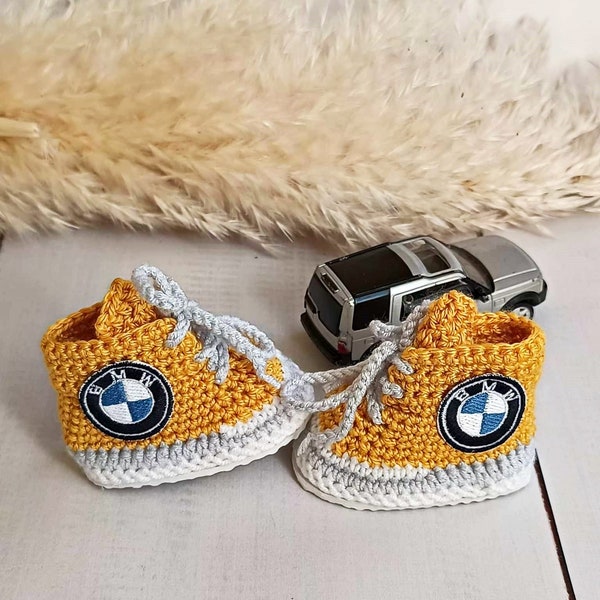 Baby crochet sneakers, bmw car logo sneakers, personalized baby shoes, newborn girl sneakers, knitted baby clothes