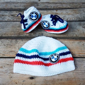 Baby set bmw logo, baby sneakers, cute baby hat, personalized baby shoes, custom baby set, knitted baby clothes