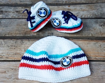 Baby set bmw logo, baby sneakers, cute baby hat, personalized baby shoes, custom baby set, knitted baby clothes