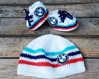 Baby set bmw logo, baby sneakers, cute baby hat, personalized baby shoes, custom baby set, knitted baby clothes