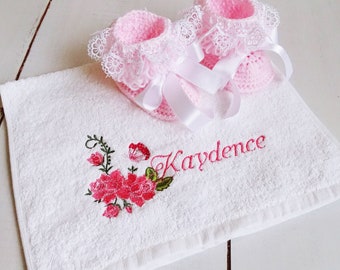 Baby Girl Gift Set: Crocheted Baby Booties, Custom Embroidered Towel, Boutique Burp Towel - Newborn Gift