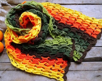 Extra Long Handmade Orange and Green Scarf: Vibrant and Colorful Scarf for Spring, Providing Warmth and Style