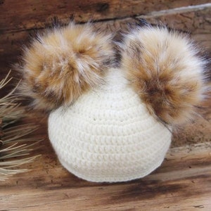 Winter hat with fox faux fur, Newborn girl boy gift, knitted baby clothes, womens winter hat, infant baby hat