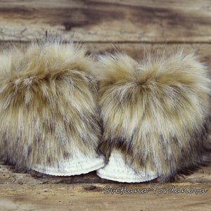 Handmade Fox Faux Fur Baby Boots: Newborn Baby Shoes, Knitted Winter Booties with Sole