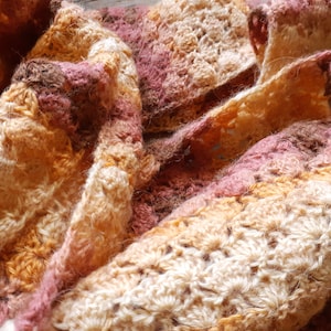 Crocheted Mohair Long Scarf: Soft and Warm Oak Leaf Design in Autumn Colors - Orange, Brown, Beige