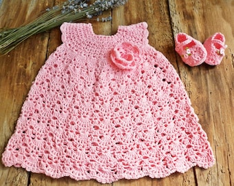 Newborn girl pink crochet dress, First birthday dress, Knitted baby clothes