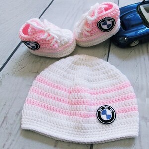 Pink newborn baby set bmw logo, baby sneakers, cute baby hat, personalized baby shoes, custom baby set, knitted baby clothes image 2