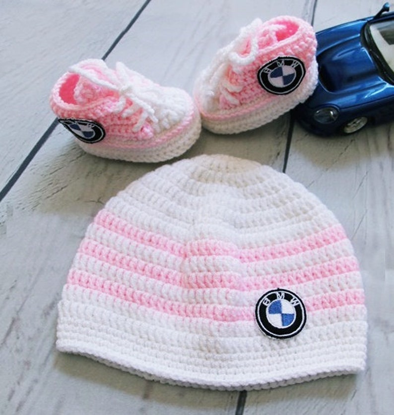 Pink newborn baby set bmw logo, baby sneakers, cute baby hat, personalized baby shoes, custom baby set, knitted baby clothes image 2