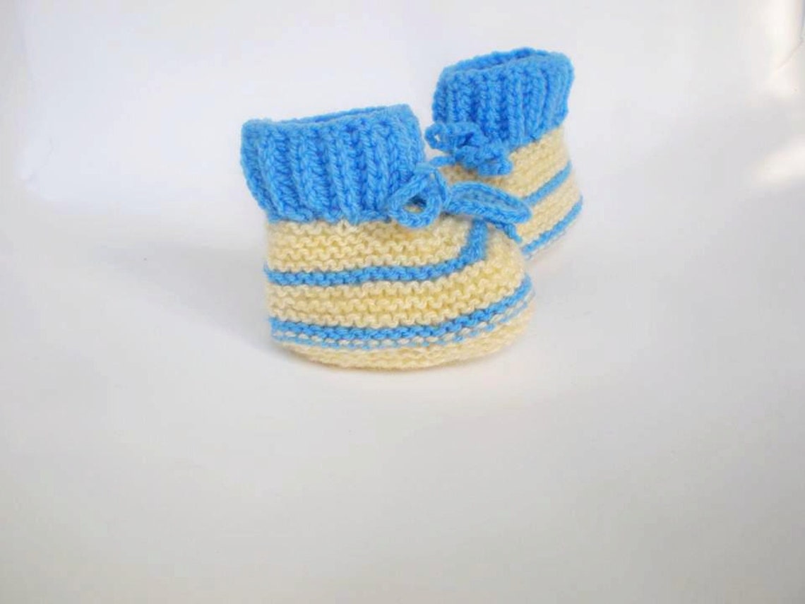 Hand Knitted Baby Booties Newborn Boy White Blue Wool Etsy