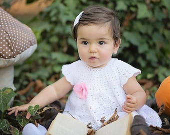 Crocheted Baby girl baptism set, First Birthday dress, Newborn take home white set, baby booties, newborn baby hat, knitted baby clothes