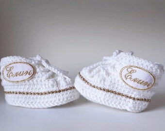 Baby Name Custom booties, Crochet Baby Sneakers, White Baby Shoes, Embroidered Baby Shoes