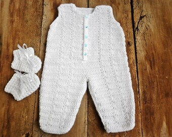 Crochet white baby set, Newborn boy overalls,  Christening set, baby booties, boy christening set, luxury baby set, knitted baby clothes