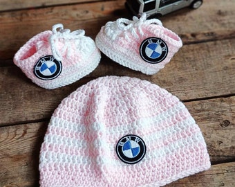 Pink baby set bmw logo, baby sneakers, cute baby hat, personalized baby shoes, custom baby set, knitted baby clothes