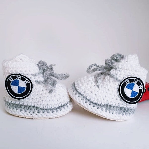 Crochet baby sneakers, Car Logo baby shoes, crochet baby booties, newborn sneakers, cute booties, knitted baby clothes, reborn