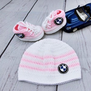 Pink newborn baby set bmw logo, baby sneakers, cute baby hat, personalized baby shoes, custom baby set, knitted baby clothes image 1