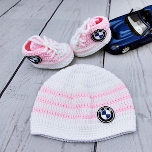 Pink newborn baby set bmw logo, baby sneakers, cute baby hat, personalized baby shoes, custom baby set, knitted baby clothes