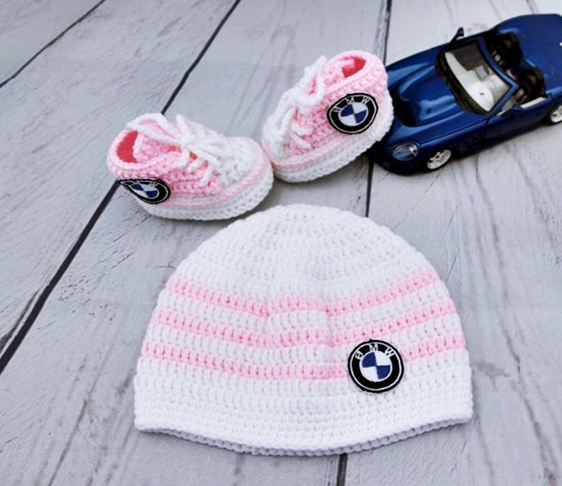 Pink newborn baby set bmw logo, baby sneakers, cute baby hat, personalized baby shoes, custom baby set, knitted baby clothes image 1