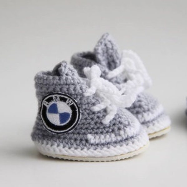 Gray Newborn Baby sneakers, BMW cars logo sneakers, personalized baby shoes, newborn girl sneakers, knitted baby clothes