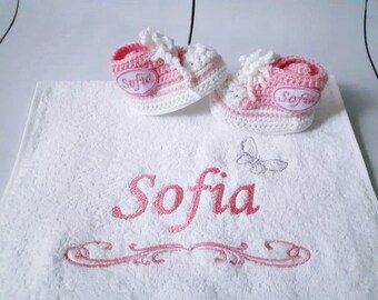 Baby Girl Gift Set: Crocheted Baby Name Booties, Custom Embroidered Towel, Boutique Burp Towel