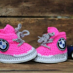 Pink Baby sneakers, BMW logo sneakers, personalized baby shoes, newborn girl sneakers, knitted baby clothes image 3