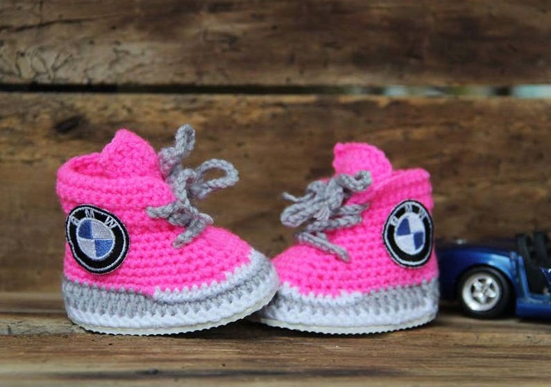 Pink Baby sneakers, BMW logo sneakers, personalized baby shoes, newborn girl sneakers, knitted baby clothes image 3