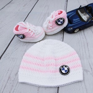 Pink newborn baby set bmw logo, baby sneakers, cute baby hat, personalized baby shoes, custom baby set, knitted baby clothes image 3