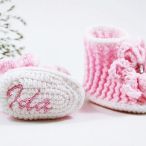 Newborn Baby Gyrl Personalized Shower Booties, Monogram Name Christening booties, Baptism newborn girl crochet booties, knitted baby clothes