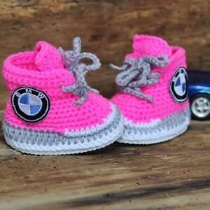 Pink Baby sneakers, BMW logo sneakers, personalized baby shoes, newborn girl sneakers, knitted baby clothes image 2