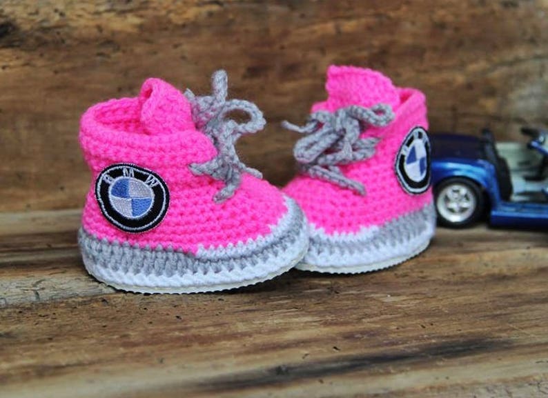 Pink Baby sneakers, BMW logo sneakers, personalized baby shoes, newborn girl sneakers, knitted baby clothes image 2