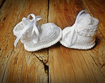 Crochet White Baby Booties, Unisex Cotton Knit Shoes