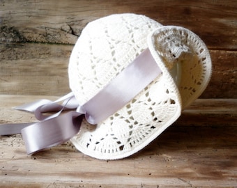 Sombrero de sol de ganchillo de algodón orgánico, gorro de encaje color crema