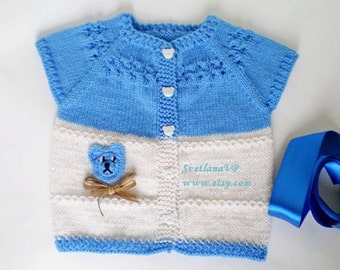 Neugeborenen Junge Blau Weiß Baby Hand gestrickte Weste, süße Baby Kleidung, Einzigartige Baby Cardigan, Аppliqued Bär, Gestrickte Baby Jungen Kleidung