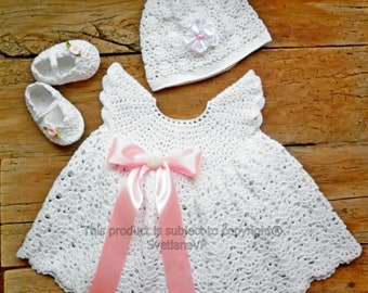 White set newborn girl, Crochet  baby dress, White baby hat, booties, Organic Cotton dress, Boutique Knitted clothes, First birthdey dress