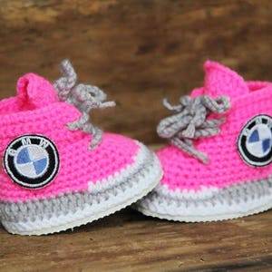 Pink Baby sneakers, BMW logo sneakers, personalized baby shoes, newborn girl sneakers, knitted baby clothes