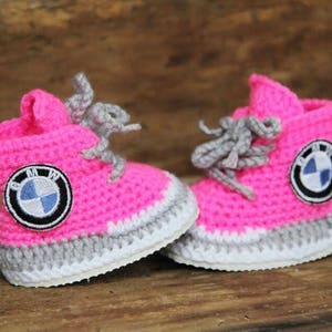 Pink Baby sneakers, BMW logo sneakers, personalized baby shoes, newborn girl sneakers, knitted baby clothes image 1