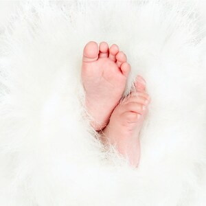 May include: Two tiny baby feet are nestled in a soft, white, fluffy blanket. The feet are pink and have small toes.