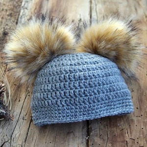 Knitted Baby Hat with Faux Fox Fur Double Pompon