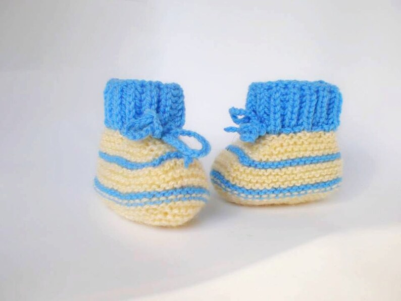 Hand Knitted Baby Booties Newborn Boy White Blue Wool Etsy
